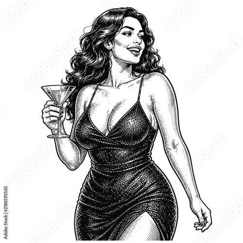 Glamorous Woman Raising Cocktail Glass Vintage Party Illustration