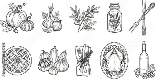Thanksgiving Harvest Illustration Collection Featuring Pumpkins Vegetables Herbs Pie Roast Turkey Utensils and Rustic Dinner Elements