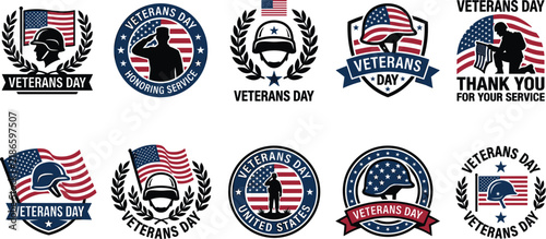 Veterans Day Patriotic Emblem Collection Featuring Military Helmets American Flags Shields Stars Wreaths and Veteran Recognition Designs