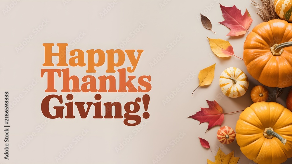 Fototapeta premium Happy thanksgiving greeting card with orange pumpkins and colorful autumn leaves on a light beige background