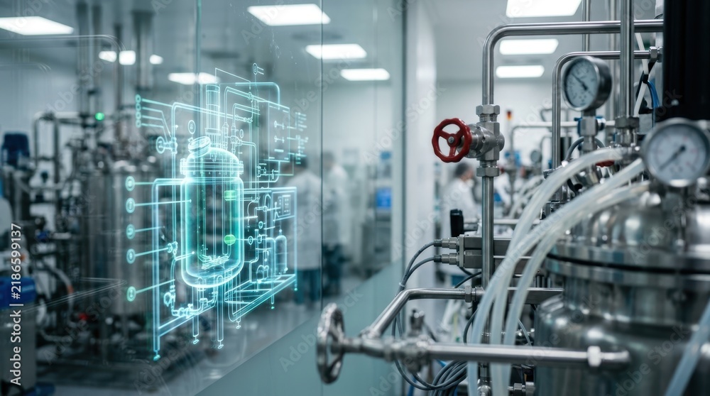 Obraz premium Digital twin reflection on glass beside a bioreactor with valves, gauges, and tubing in a sterile laboratory