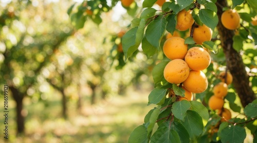 Ripe Apricots Hanging from Green Leaves on Tree