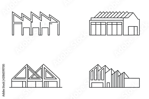 Modern factory and warehouse buildings with shed roofs linear illustrations