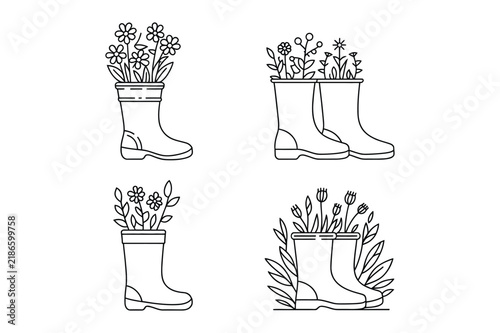 Floral rubber boots as garden spring planters with blooming flowers
