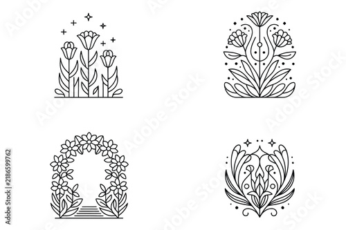 Decorative floral botanical arrangements with vintage ornamental elements