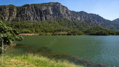 Breathtaking golden hour sunset over the sea, tranquil sandy beach, serene lake, and waterfall surrounded by wildflowers