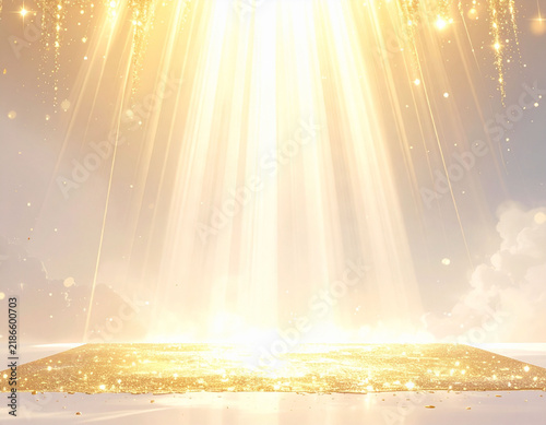 黄金の光が降り注ぐ幻想的なステージの背景素材　輝くスポットライトとキラキラした粒子が舞う高級感のある演出用空間　Webバナーや広告デザインに活用できる文字入れ用コピースペースを備えた神々しい抽象イメージ