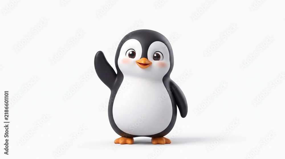 Obraz premium Cute 3D Penguin Mascot Waving Flipper on White Background