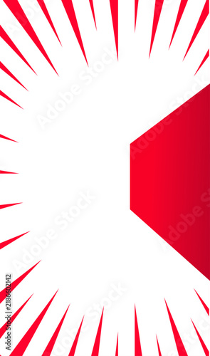 Red and white abstract geometric shape with radiating lines.