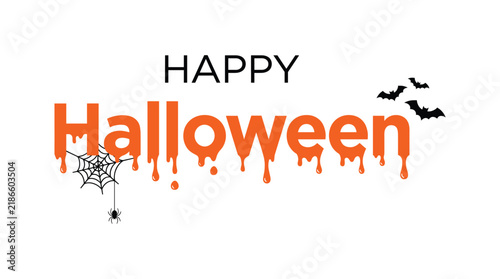 Foto Happy Halloween Graphic: A festive graphic declares Happy Halloween with dripping orange letters, accompanied by a spider web, a tiny spider, and two silhouetted bats