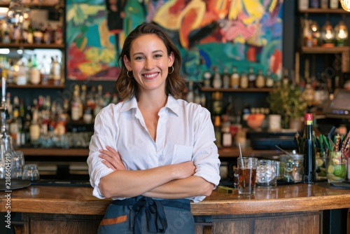 Confident Female Bartender Smiling During Customer Service At Pub