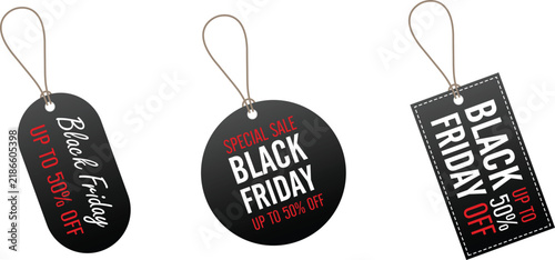 Three black friday sale price tags with white text and red accents on a white background
