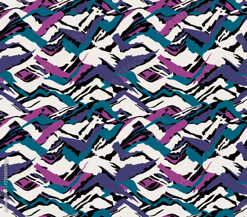 Abstract Geometric Seamless Pattern with Dynamic Brush Strokes and Teal Purple Camouflage Shapes, Retro Artistic Print for Fabric Textile and Trendy Wallpaper