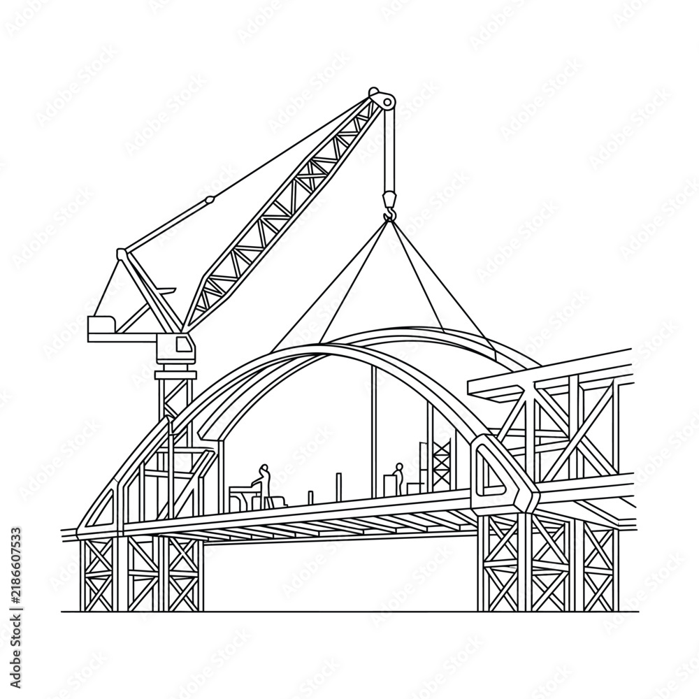 Fototapeta premium Bridge Construction Site with Tower Crane Line Art Vector