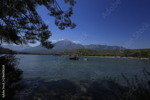 Tranquil coastal landscape of Phaselis cove surrounded by pine trees, blue Mediterranean sea, and mountain range in Antalya