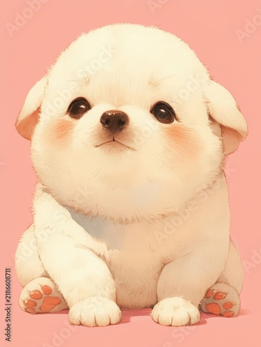 Cute little puppies illustrated with pink and white tones create a romantic and charming atmosphere