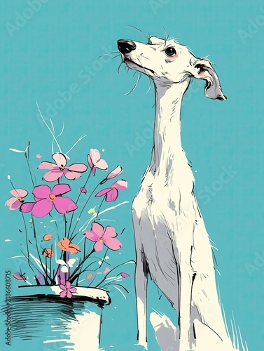 Charming greyhound illustration capturing romance and cuteness in pink and white tones