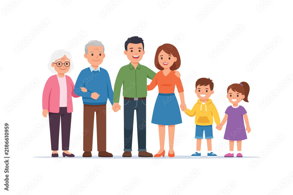 Fototapeta premium Happy Multigenerational Family Standing Together – Grandparents, Parents and Children Family Unity Illustration