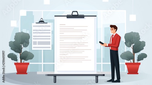 A professional man reviews a document on a clip board in a modern office setting with plants.