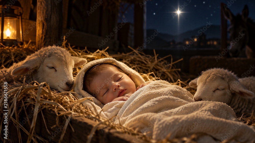 Fototapeta premium Newborn Jesus Christ in a Manger, a Peaceful and Holy Nativity Scene with Sleeping Baby and Sheep on a Sacred Night.