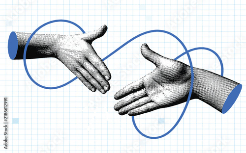 Hands reaching toward each other in a handshake, retro halftone hands cut from vintage newspaper, string-tied body parts, shaking hands, business agreement, deal making, mutual support, assistance