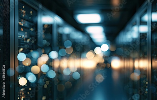 Blurred server room with glowing lights, data center