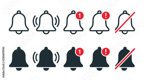 Fotografie Set of bell notification icons, vector illustration of alert symbols, ringing be