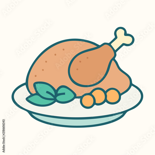 A minimalist flat vector illustration depicts a roasted chicken served on a white plate.
