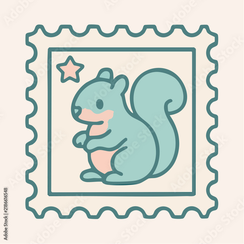A cute cartoon squirrel is depicted inside a decorative postage stamp frame with a star.