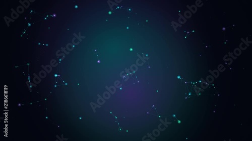 Abstract digital node network connection background with glowing blue and purple plexus technology lines and dots