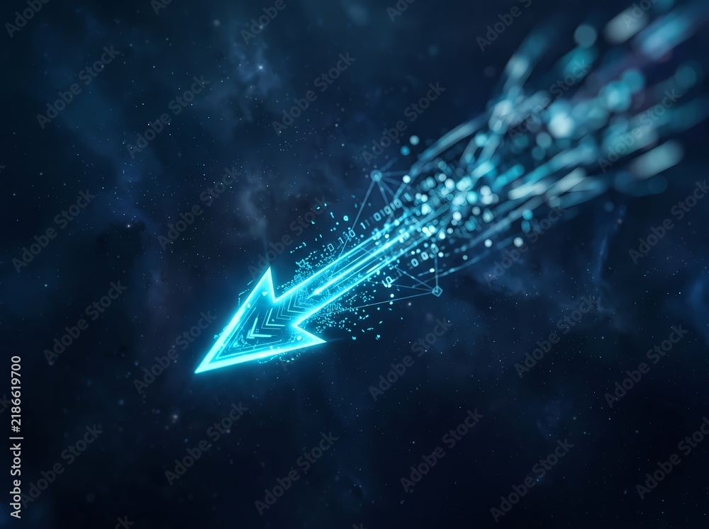 Fototapeta premium Digital arrow symbol moving rapidly through deep space representing progress and data transmission speed with glowing neon blue light particles and network connection lines across a dark