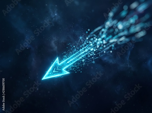 Digital arrow symbol moving rapidly through deep space representing progress and data transmission speed with glowing neon blue light particles and network connection lines across a dark