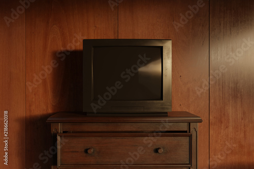 3D Rendering of an old television in front of wood panels