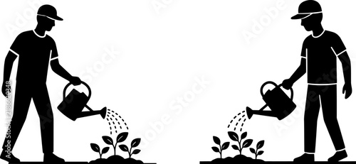 Two gardeners are watering small plants in the garden