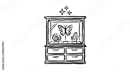 Doodle Display Cabinet with Butterfly, Seashell, Crystals, Isolated