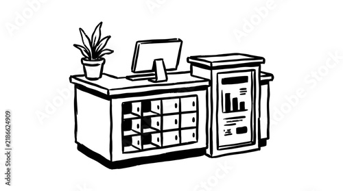 Reception Desk with Computer and Plant, Isolated