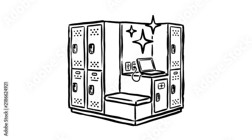 Doodle Locker Room With Laptop and Bench, Isolated