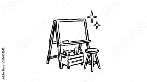 Artist Easel with Stool and Supplies, Drawing, Sketch, Isolated