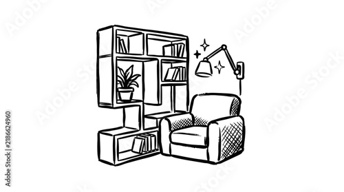 Cozy Reading Nook Sketch: Armchair, Bookshelf, Lamp, Plant - Isolated