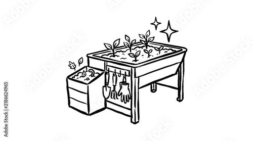 Raised Garden Bed with Seedlings and Tools, Isolated
