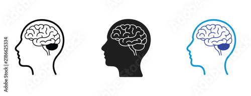 Brain Icons: A set of stylized icons depicting the human brain within a silhouette of a head. cognitive function, medical illustration, neurological concept, psychology symbol, thought process.