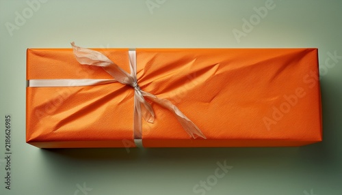 long orange gift box with crumpled tissue paper wrapping on a plain surface decorative packaging for special occasion or celebration
