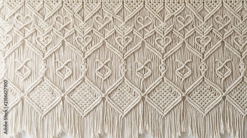 Macrame wall hanging with woven heart patterns for boho wedding backdrop, rustic romantic ceremony decor, handmade textile texture.