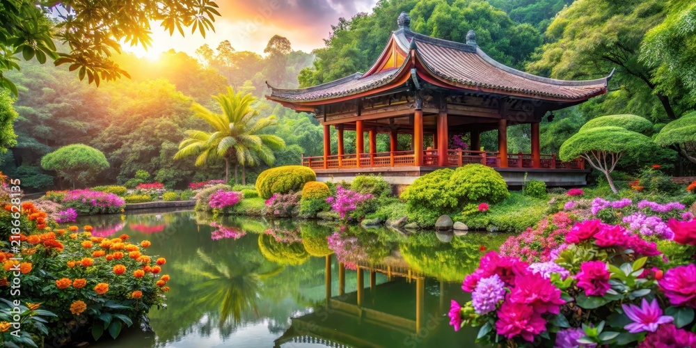 Obraz premium Serene temple oasis, surrounded by vibrant greenery and colorful blooms, showcasing natural beauty and harmony, blooming