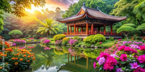 Serene temple oasis, surrounded by vibrant greenery and colorful blooms, showcasing natural beauty and harmony, blooming