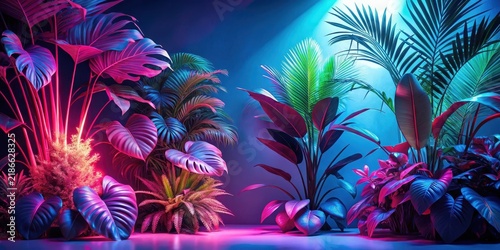 Exotic tropical plants and flowers glowing under neon pink and blue light