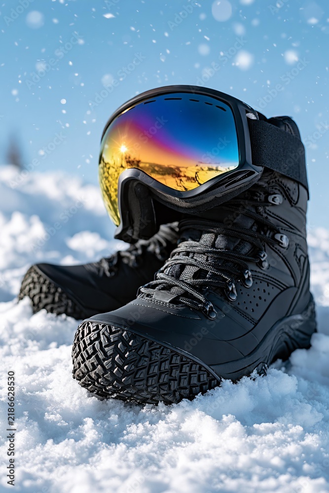 Obraz premium Black winter boots and ski goggles resting in fresh white snow under bright blue sky
