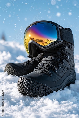 Black winter boots and ski goggles resting in fresh white snow under bright blue sky