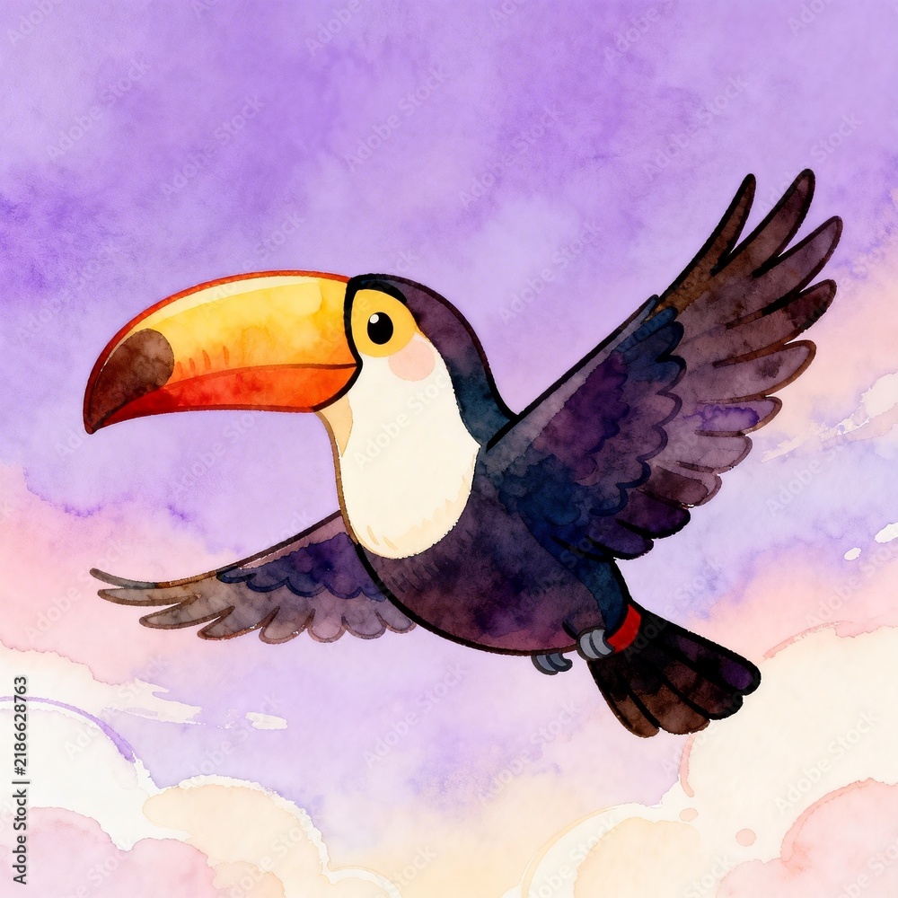 Fototapeta premium Cute Toucan Bird Flying in Soft Pastel Sky Watercolor Illustration
