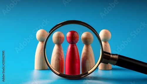 close perspective of a magnifying lens highlighting a wooden pawn candidate for talent selection and decision making concept background for corporate use